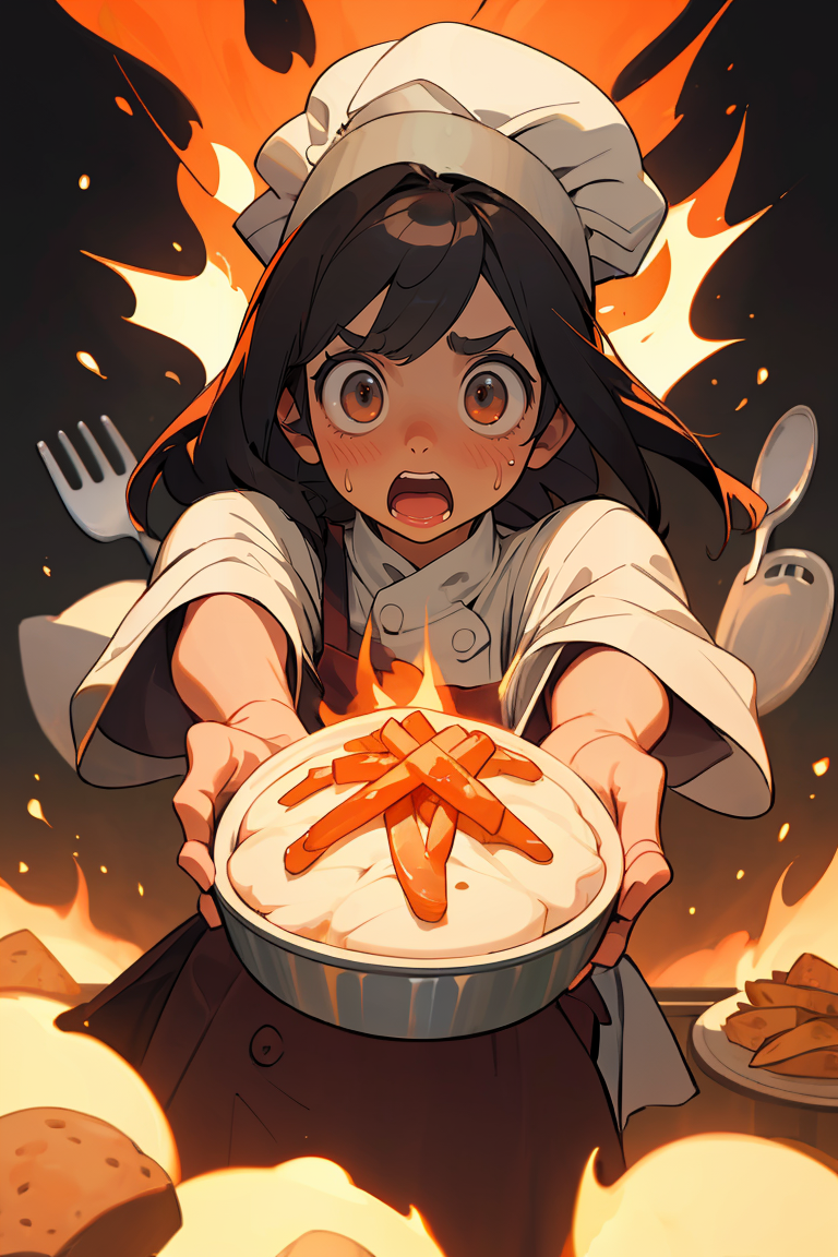 (best quality, masterpiece), 1girl, chef hat, dinner, surprised, burning food,
